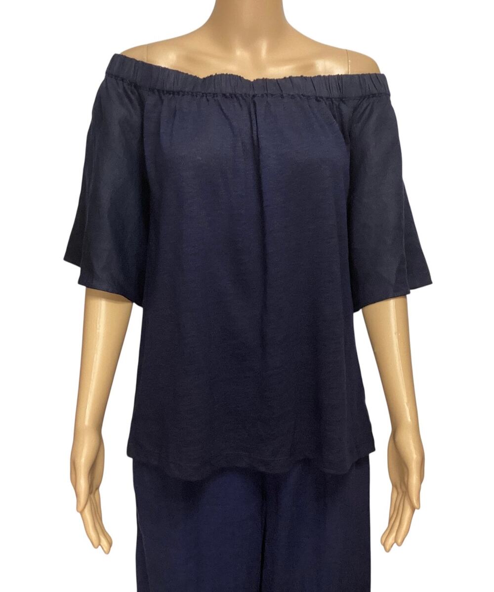 Chico's 100% Linen Off-the-Shoulder Blouse Dark Navy Blue Short Sleeve Top 3/XL